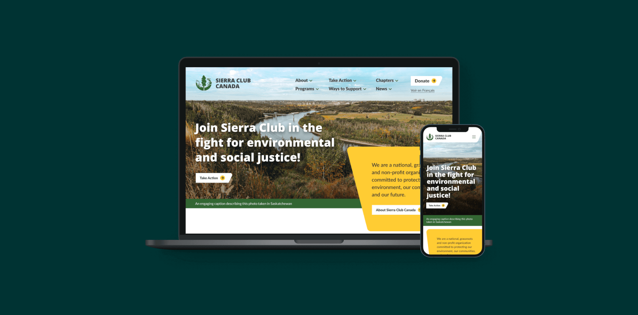 A laptop and phone display the homescreen of Sierra Club Canada